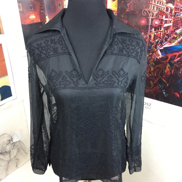 MEGAN PARK black sheer silk beaded collared blouse - Picture 7 of 13